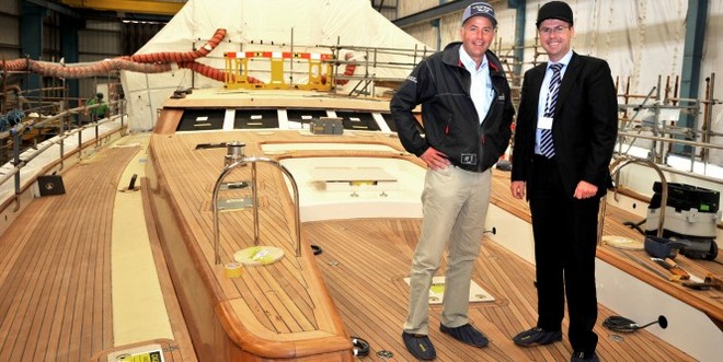 Jubilant - Toby Allies, Sales and Marketing Director of Pendennis and Sam Lewis, Commissioner of the SY Christopher on her deck - Image from Pendennis ©  SW
